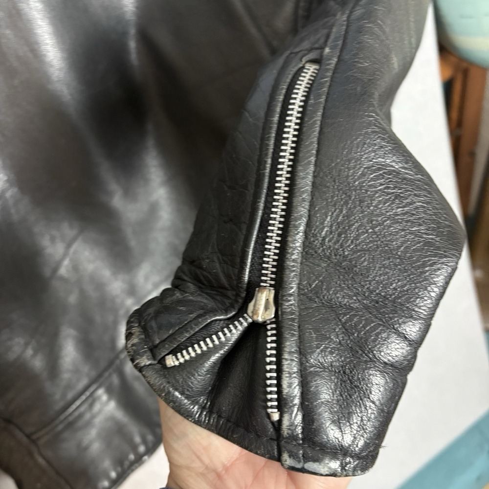 Vtg 90's Black Leather Moto Jacket  Heavy Weathered + Harley Trucker Wallet Sz L - Picture 14 of 16